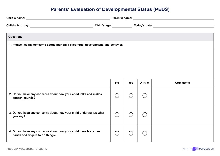 Parents' Evaluation of Developmental Status (PEDS) PDF Example
