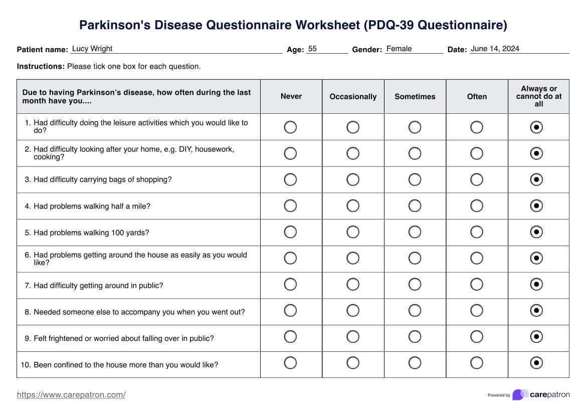 Parkinson's Disease Questionnaire Worksheet PDF Example