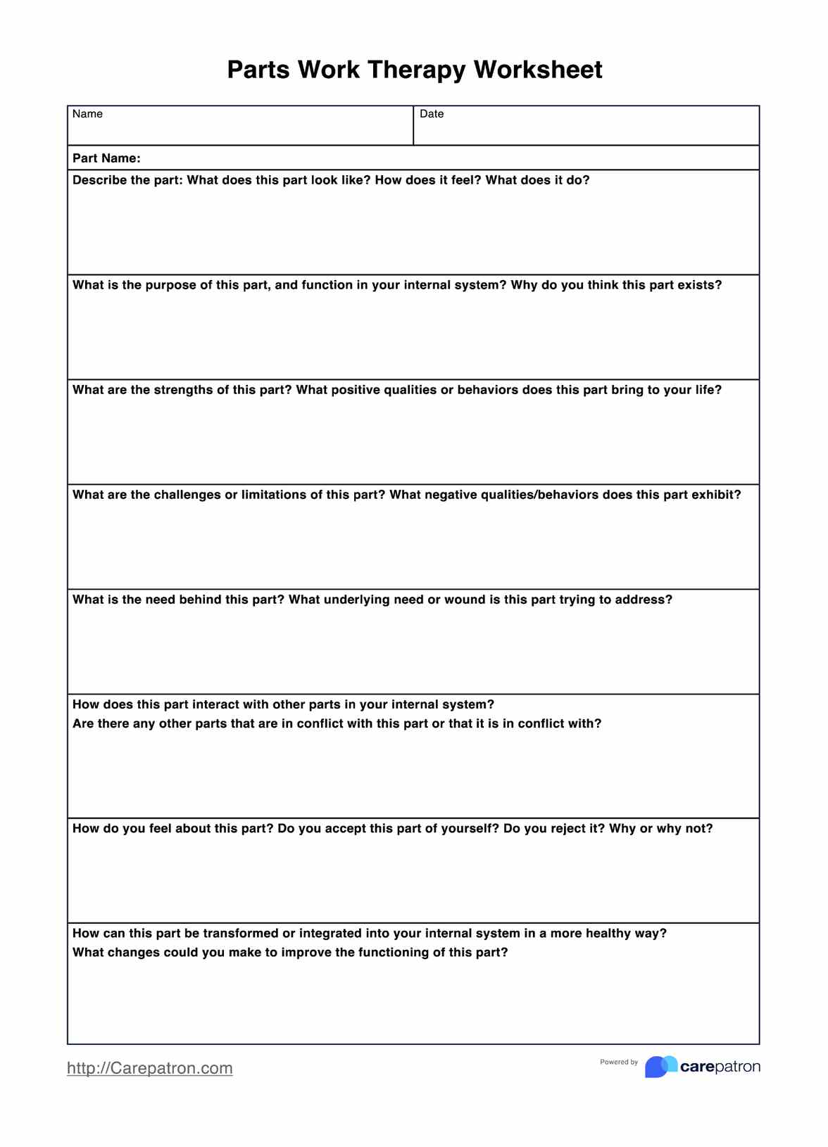 Parts Work Therapy Worksheets PDF Example