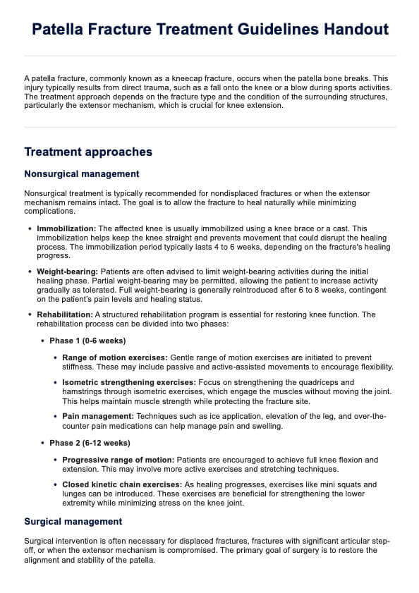 Patella Fracture Treatment Guidelines Handout PDF Example