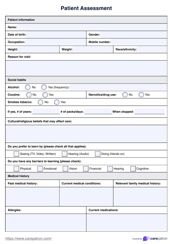 Formulario de evaluación del paciente PDF Example