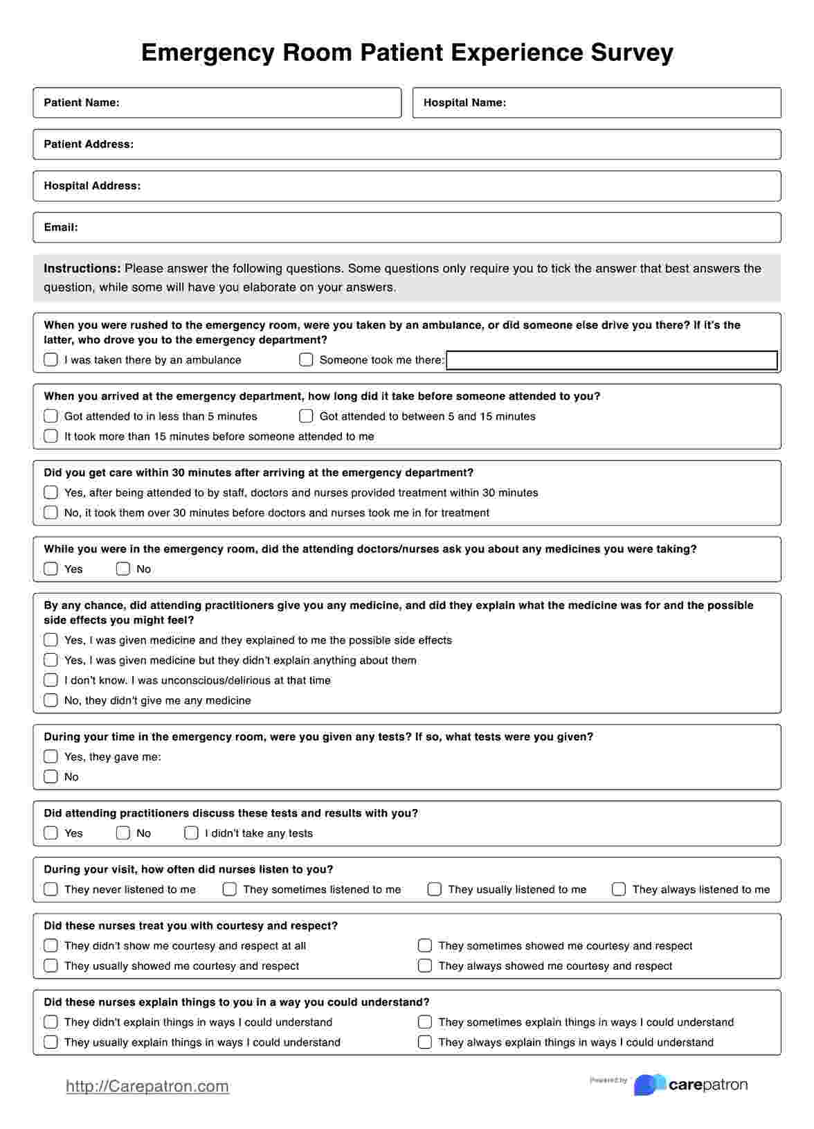 Patient Experience Survey (Emergency Room) PDF Example
