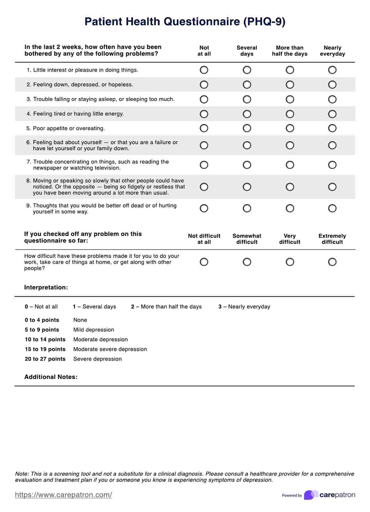 Patient Health Questionnaire (PHQ-9) PDF Example