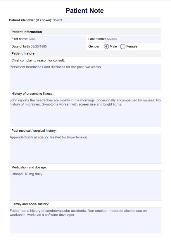 Modello di nota per il paziente PDF Example