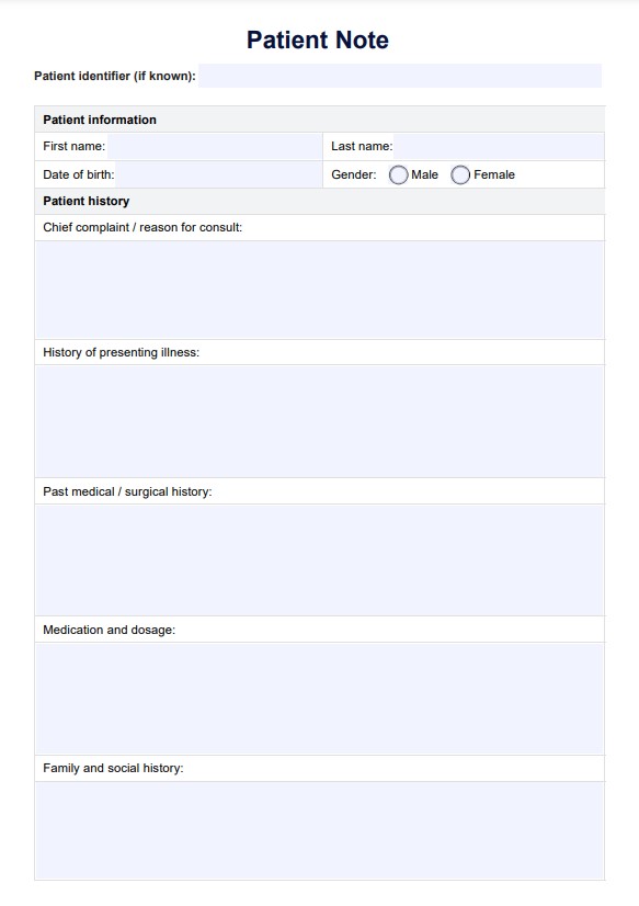 환자 노트 템플릿 PDF Example