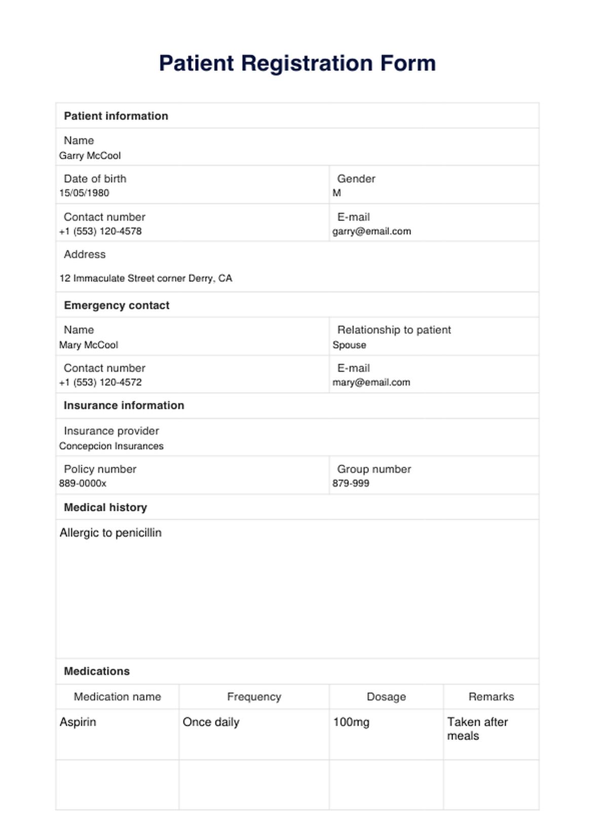 Patient Registration Form PDF Example