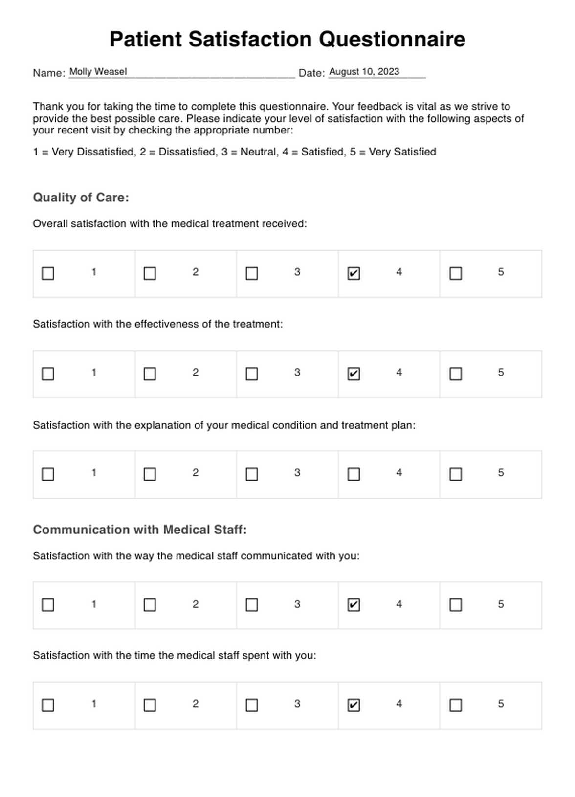 Patient Satisfaction Questionnaires PDF Example