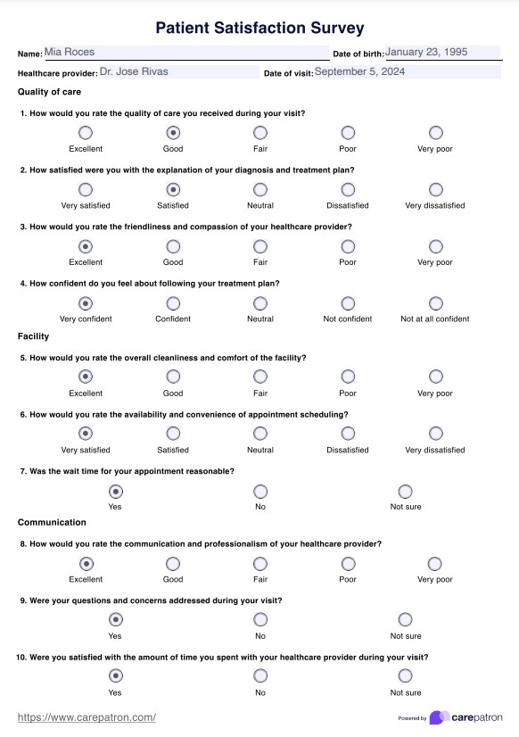 Encuesta de satisfacción del paciente PDF Example