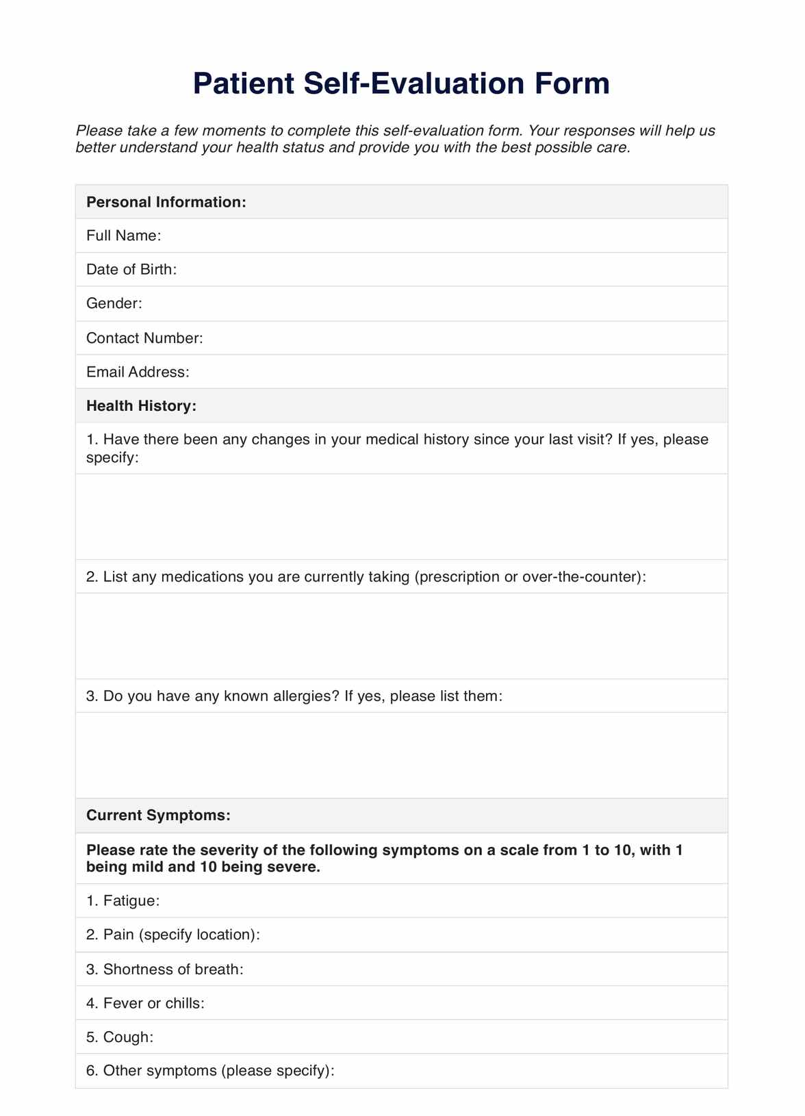 Patient Self Evaluation PDF Example