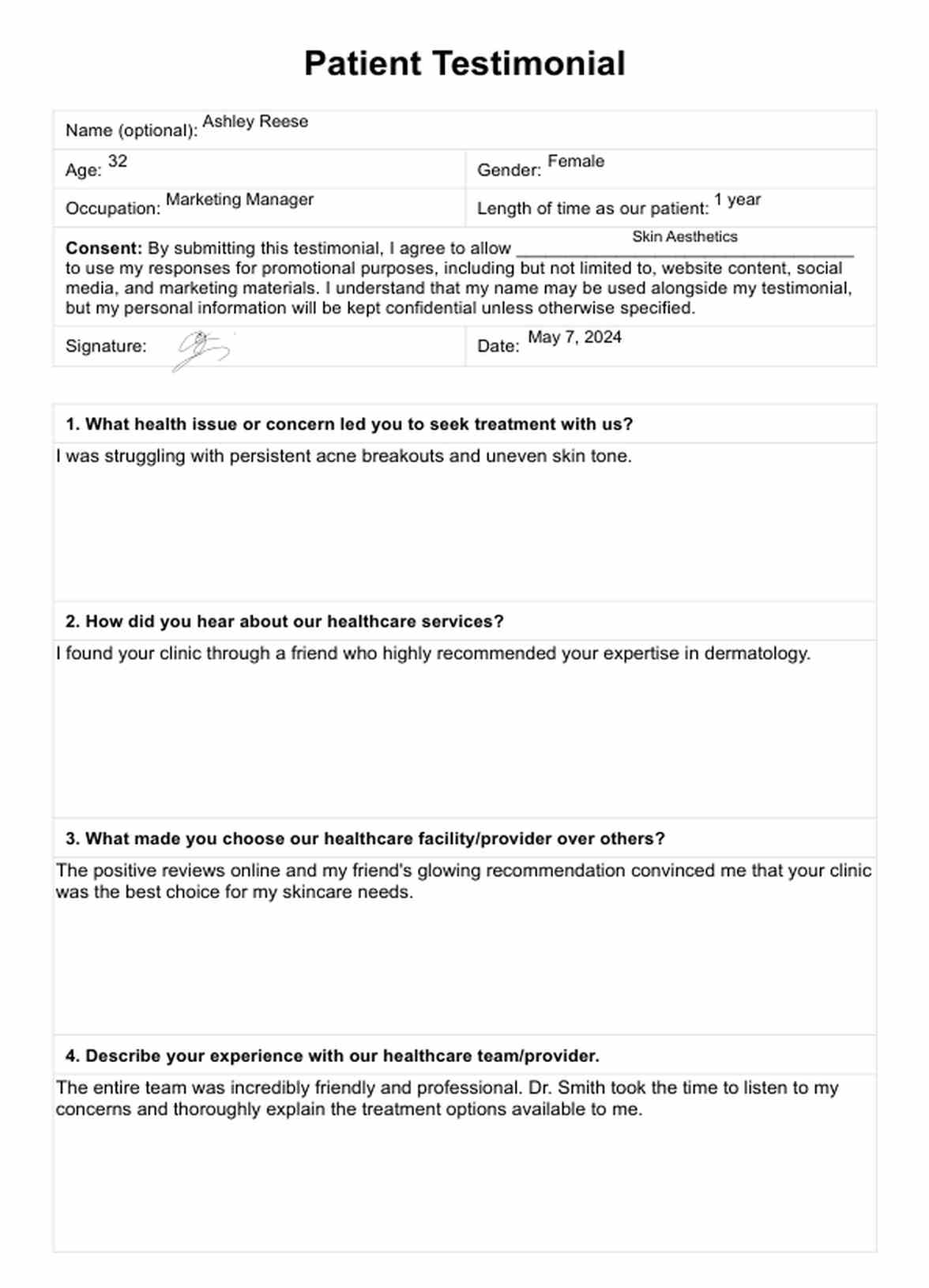 Patient Testimonial Template PDF Example