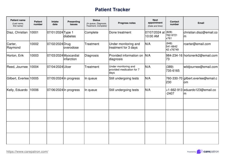 Patient Tracker Template PDF Example