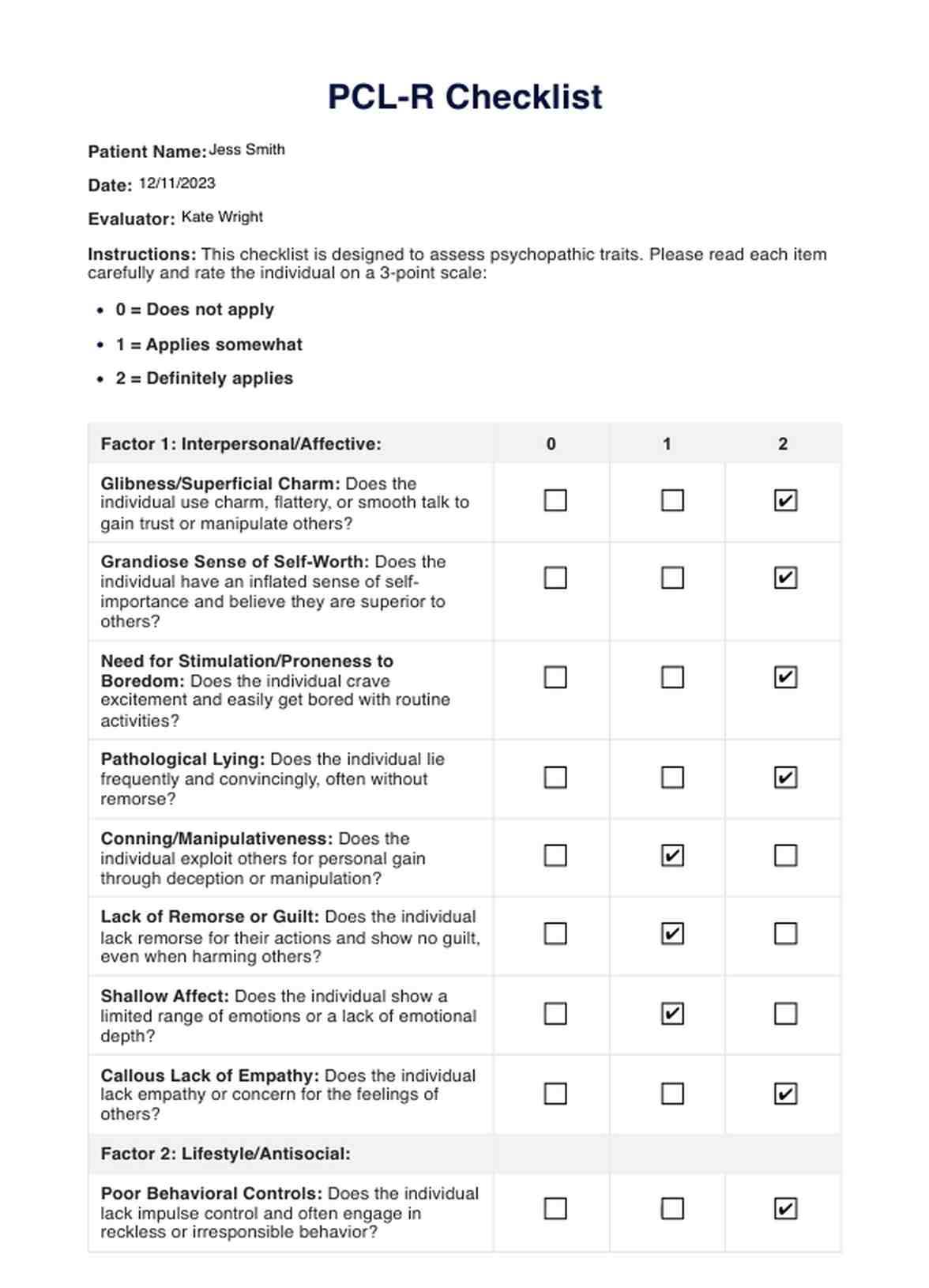 PCL-R Checklist PDF Example
