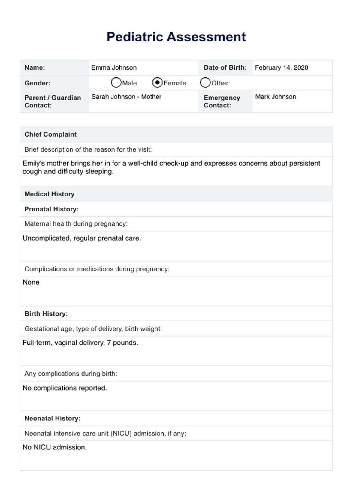 Pediatric Assessment & Example | Free PDF Download