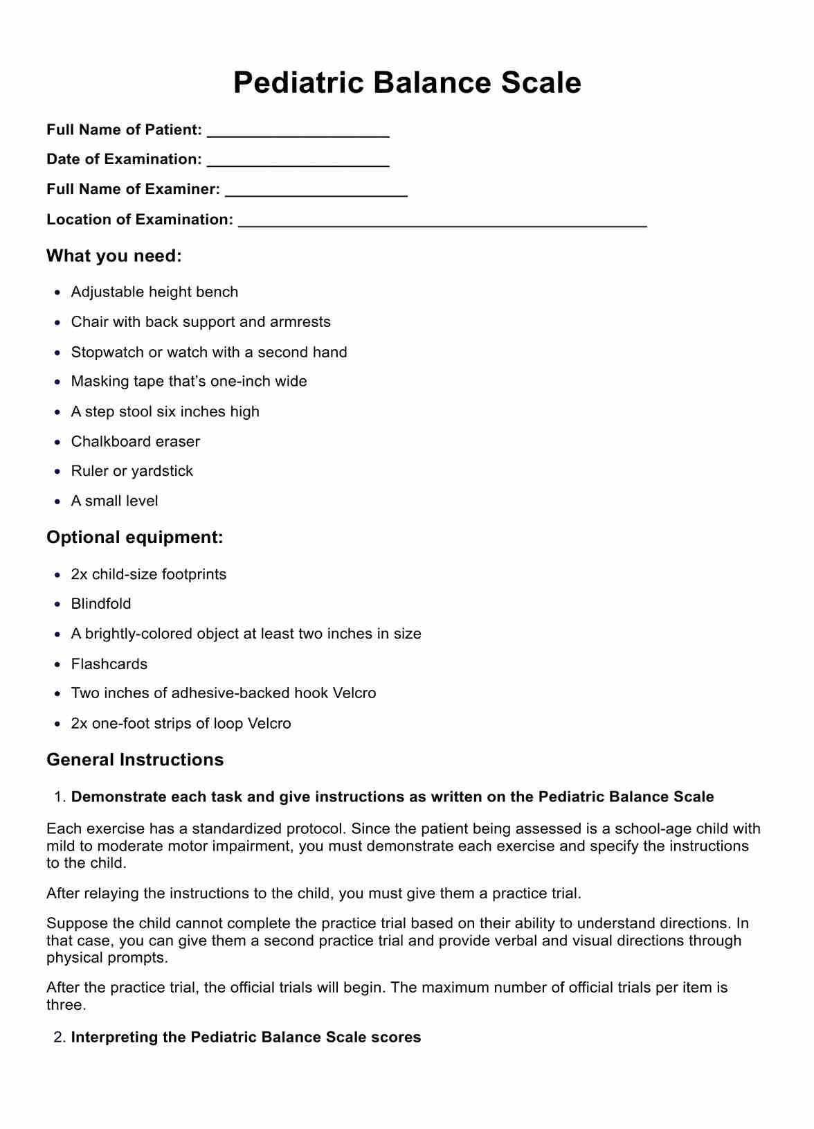 Pediatric Balance Scale PDF Example