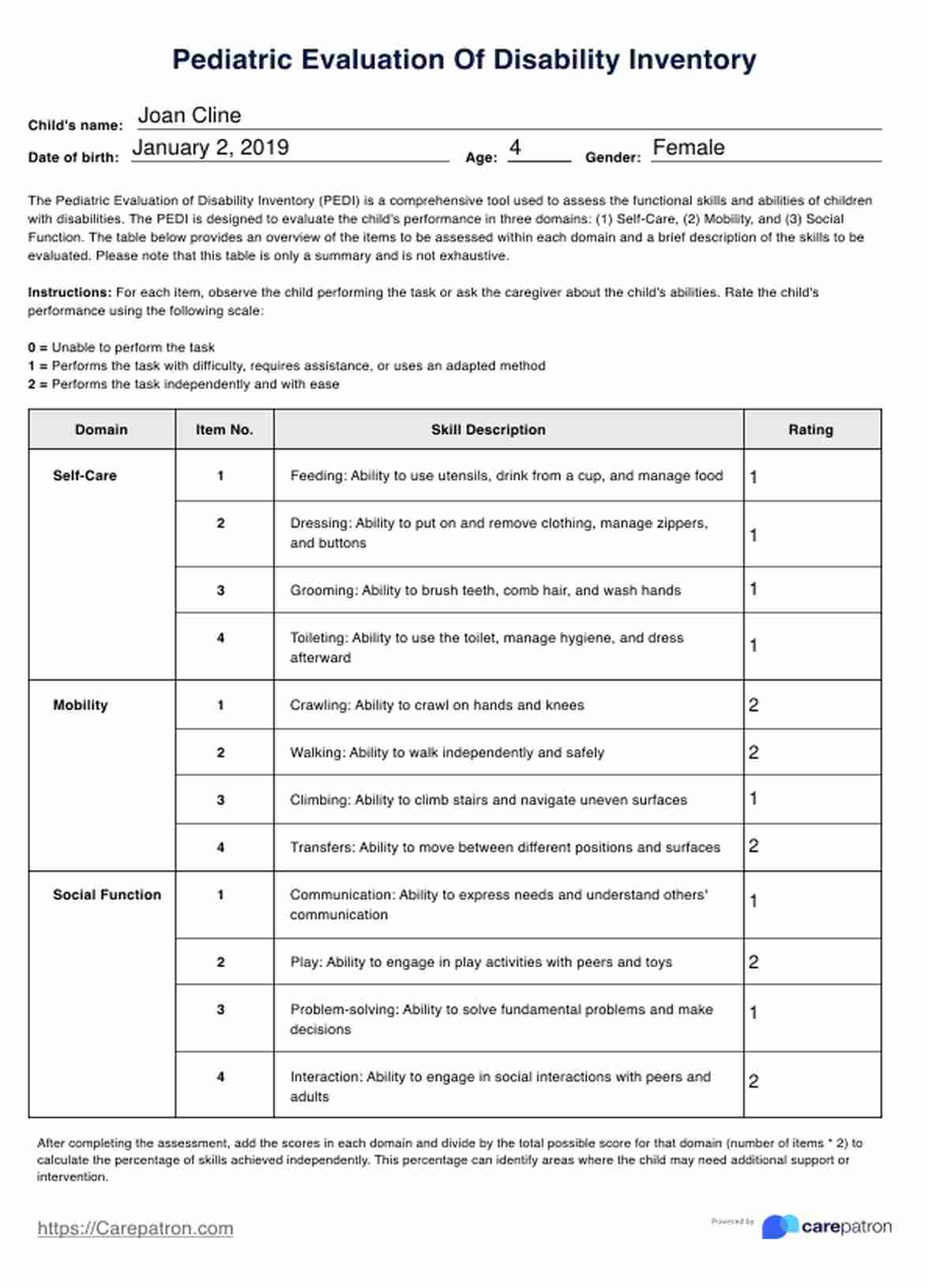 Pediatric Evaluation Of Disability Inventory PDF Example