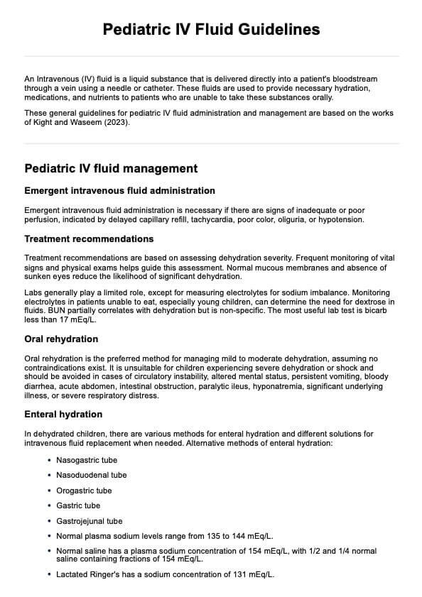 Pediatric IV Fluid Guidelines PDF Example