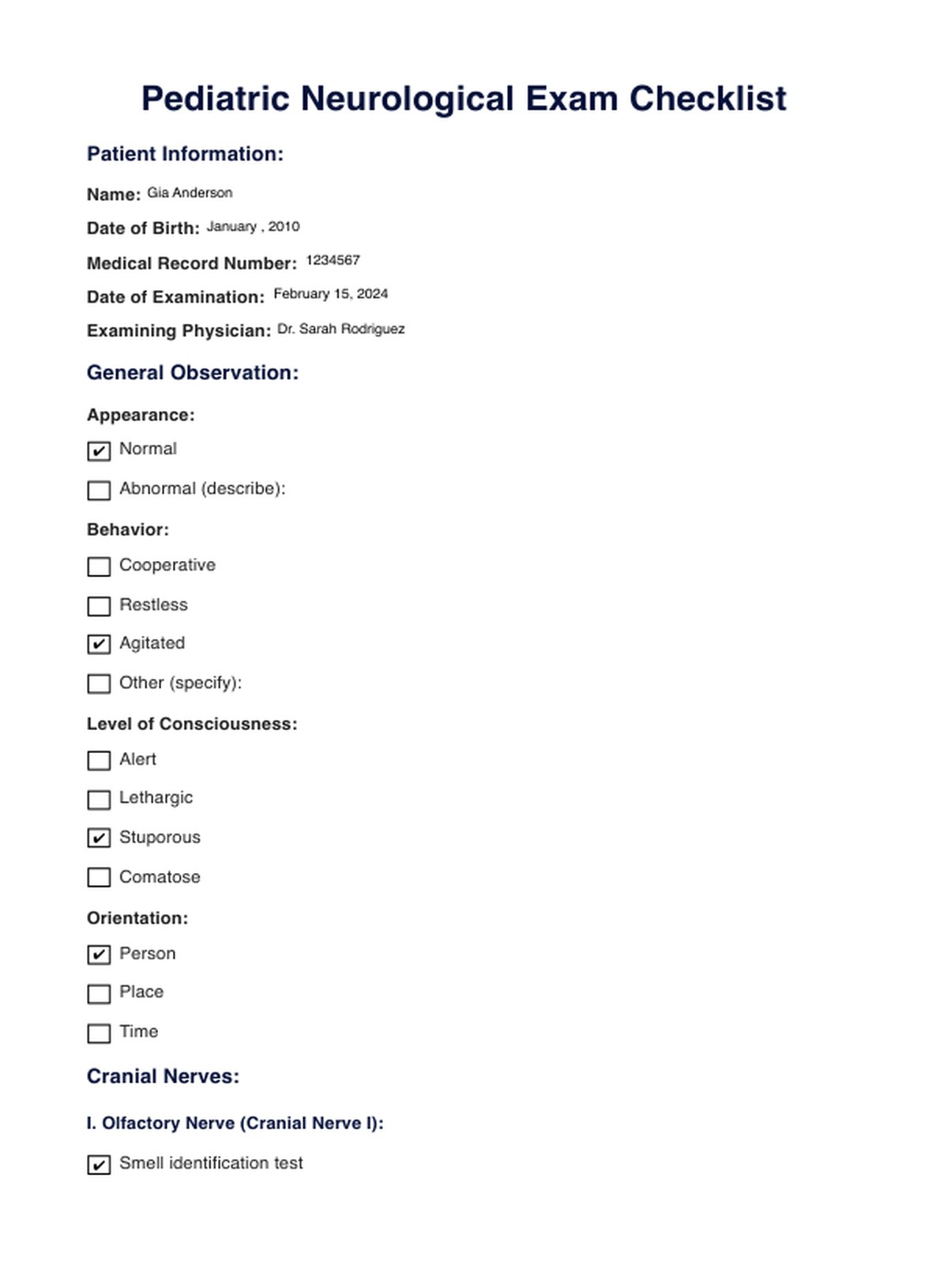 Pediatric Neurological Exam Checklist & Example | Free PDF Download