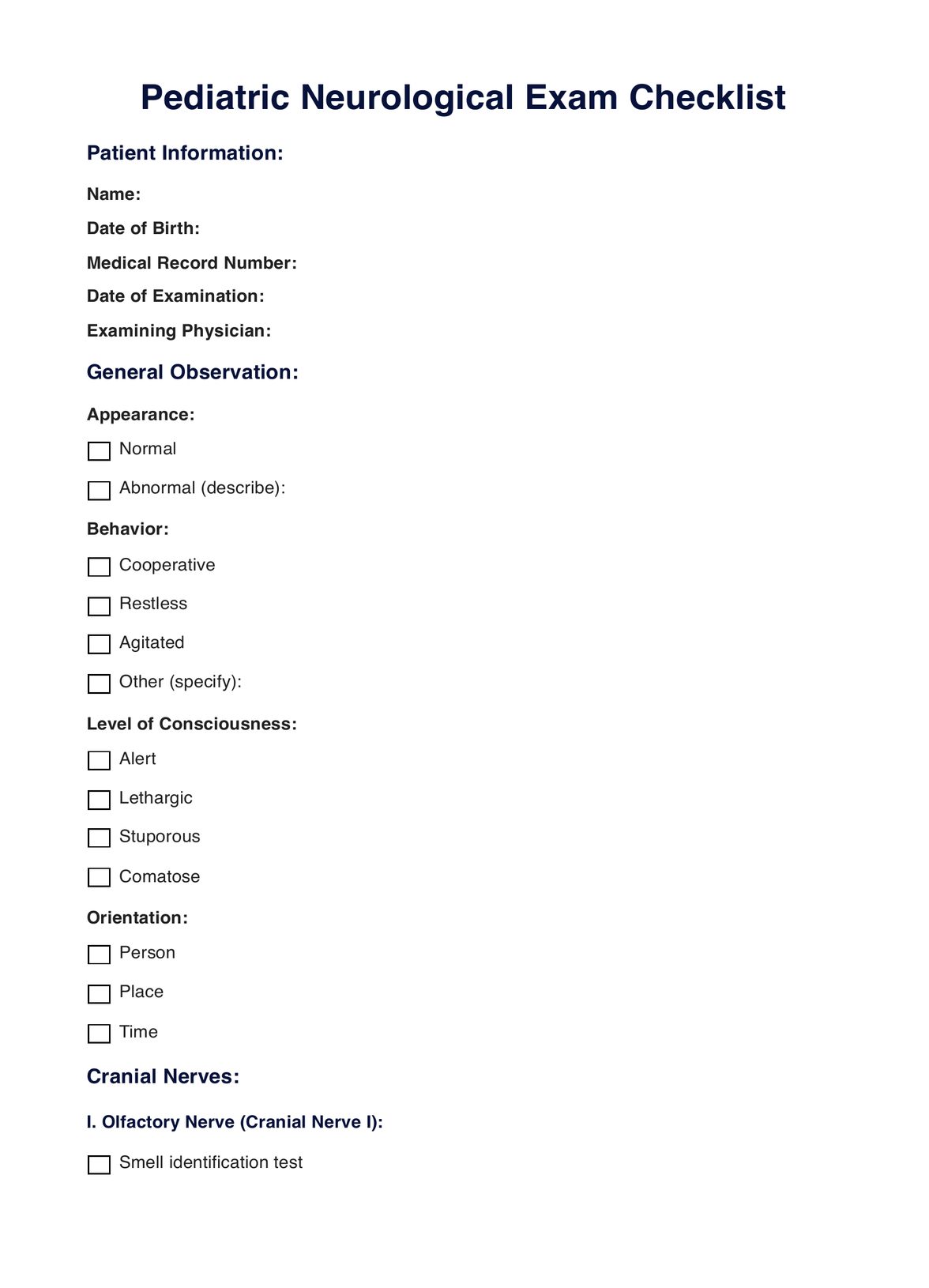 Pediatric Neurological Exam Checklist PDF Example