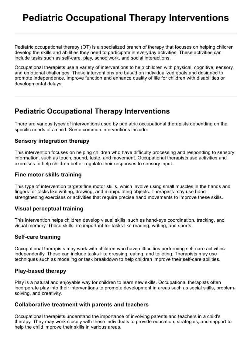 Pediatric Occupational Therapy Interventions PDF Example
