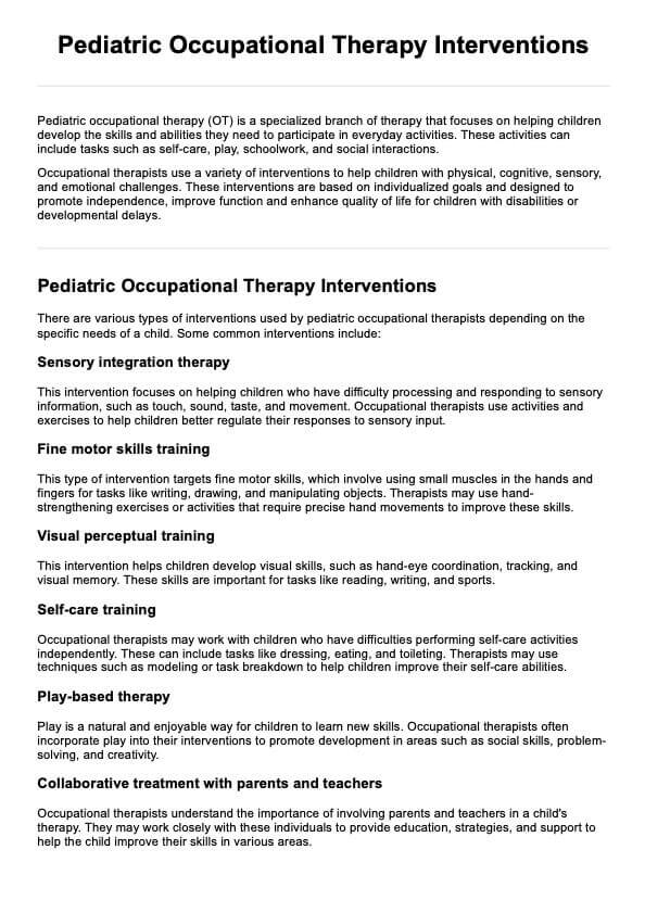 Pediatric Occupational Therapy Interventions PDF Example