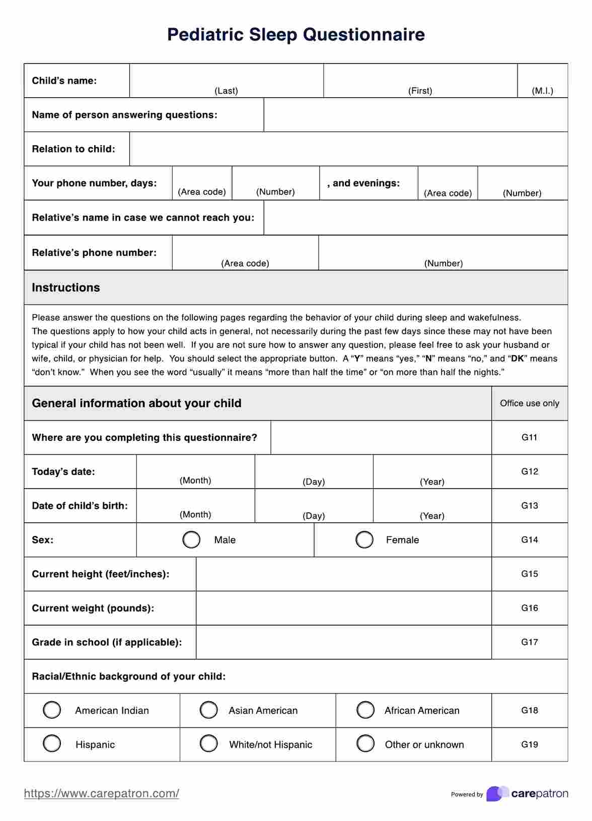 Pediatric Sleep Questionnaire PDF Example