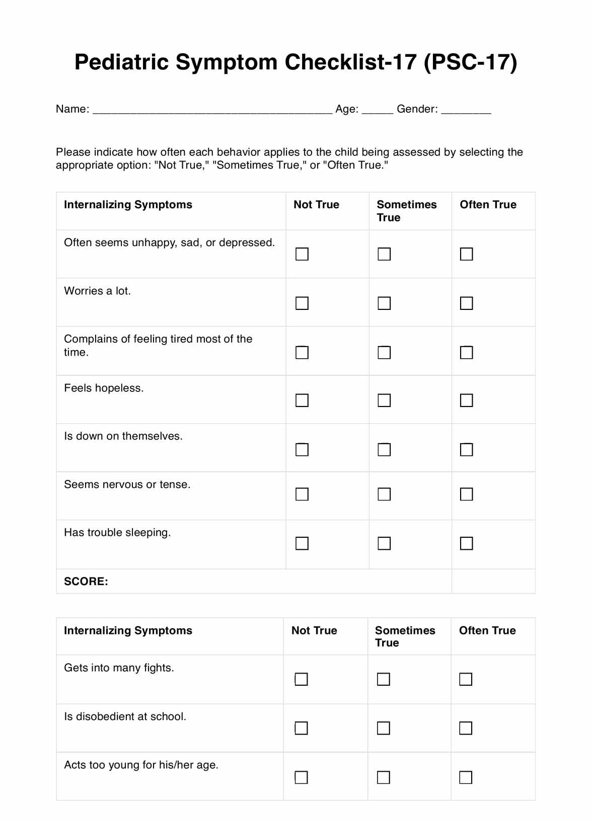 Pediatric Symptom Checklist-17 (PSC-17) PDF Example