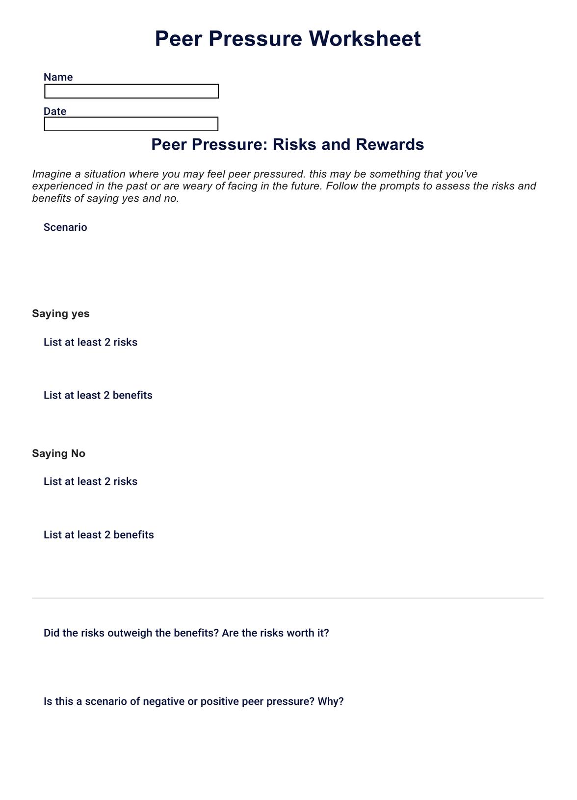 Peer Pressure Worksheet PDF Example