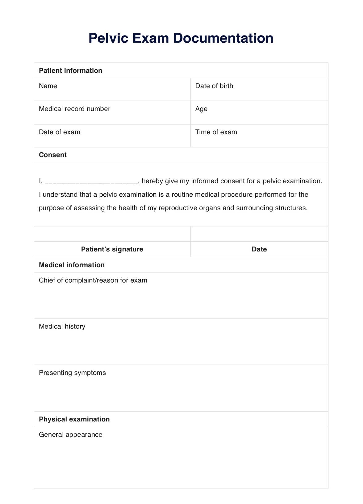 Pelvic Exam Documentation Template PDF Example