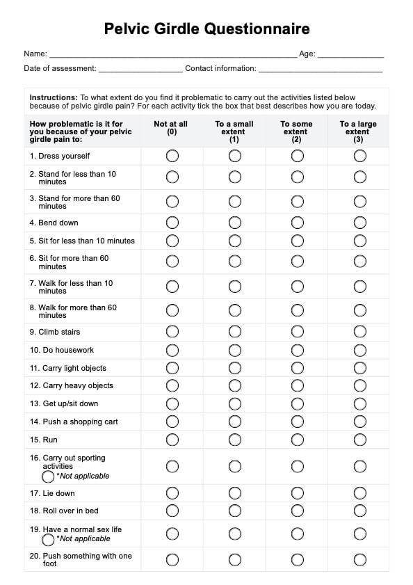 Pelvic Girdle Questionnaire PDF Example