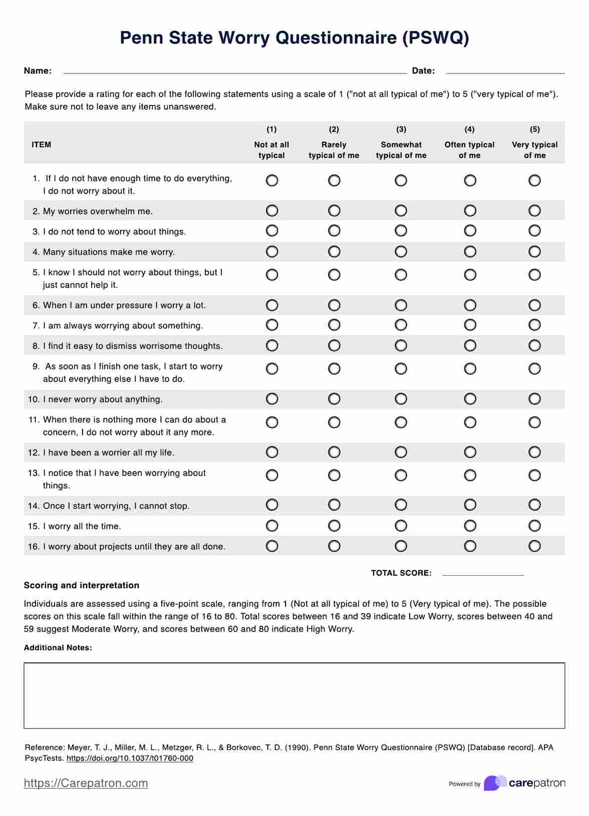 Penn State Worry Questionnaire PDF Example