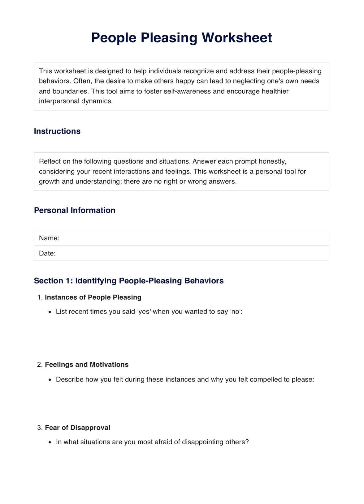 People Pleasing Worksheet PDF Example