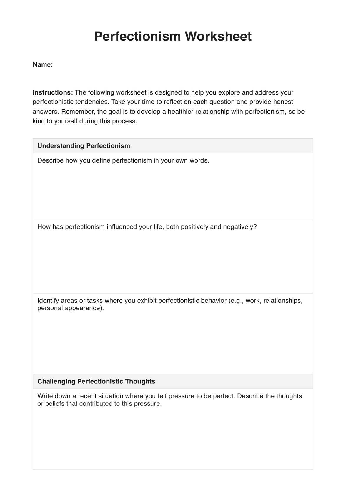 Perfectionism Worksheet PDF Example