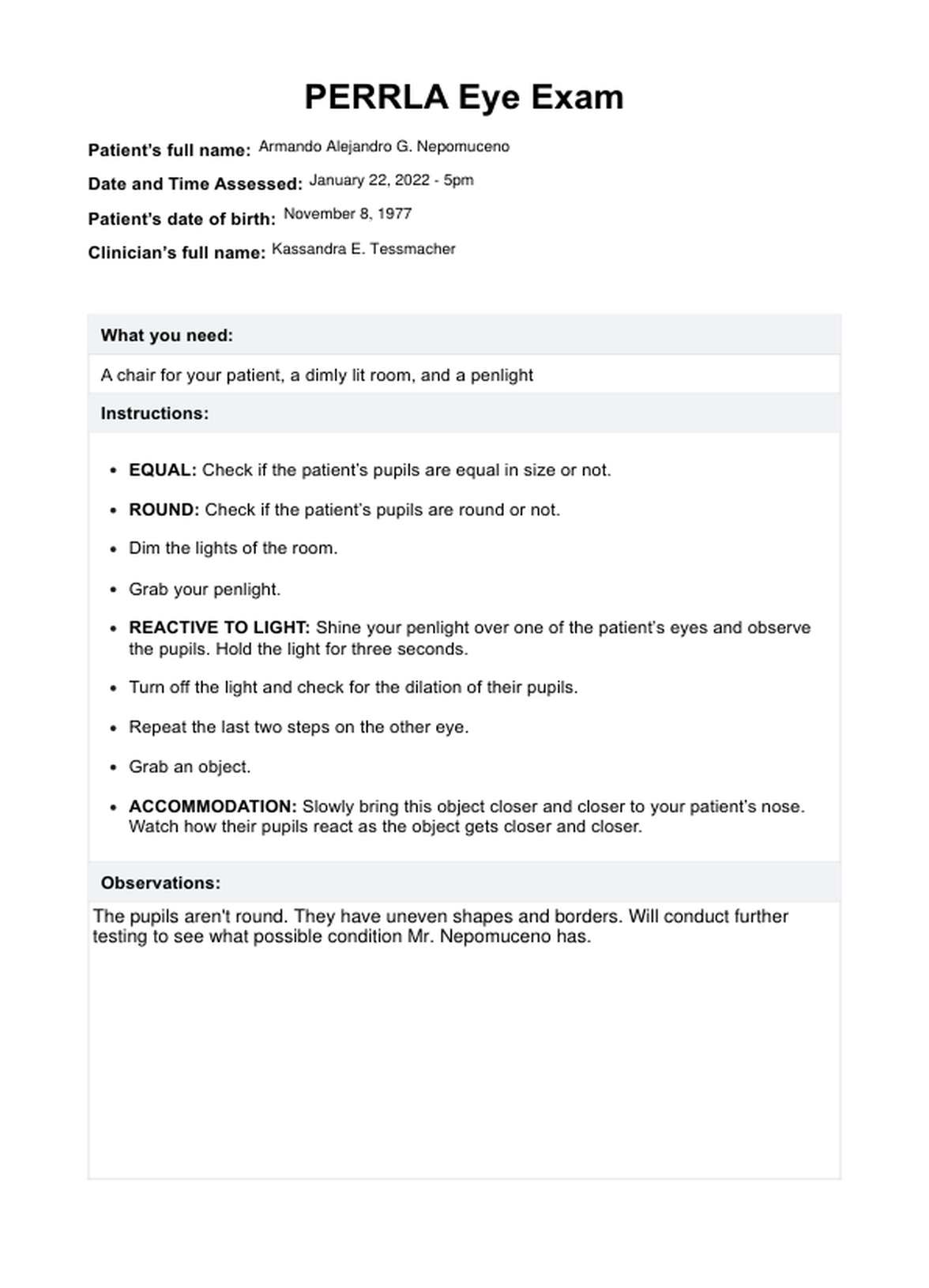 PERRLA Eye Exam PDF Example