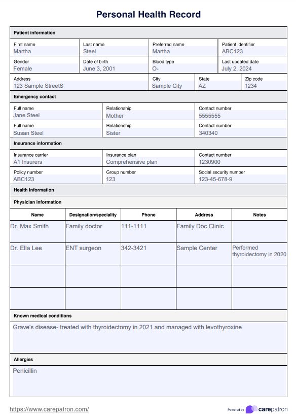 Vorlage für eine persönliche Gesundheitsakte PDF Example