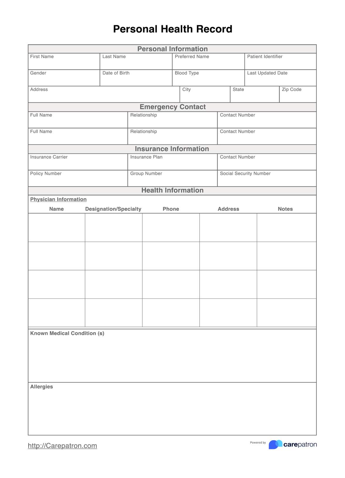 Personal Health Record Template PDF Example