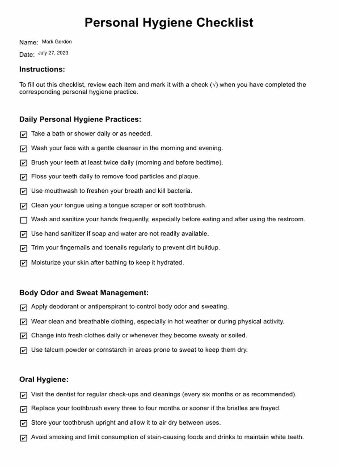 Checklist de Higiene Personal PDF Example