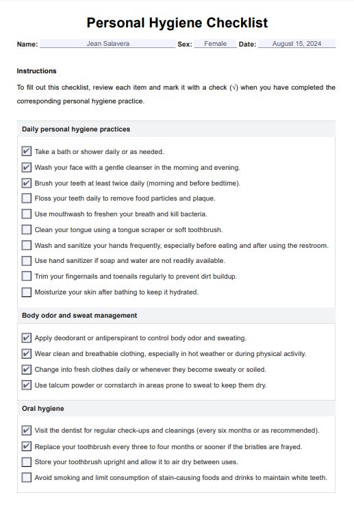 Checklist voor persoonlijke hygiëne PDF Example