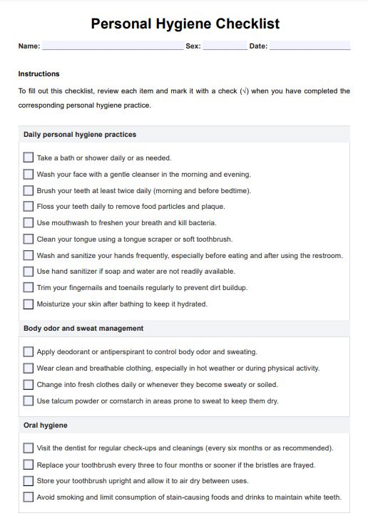 Tjekliste til personlig hygiejne PDF Example