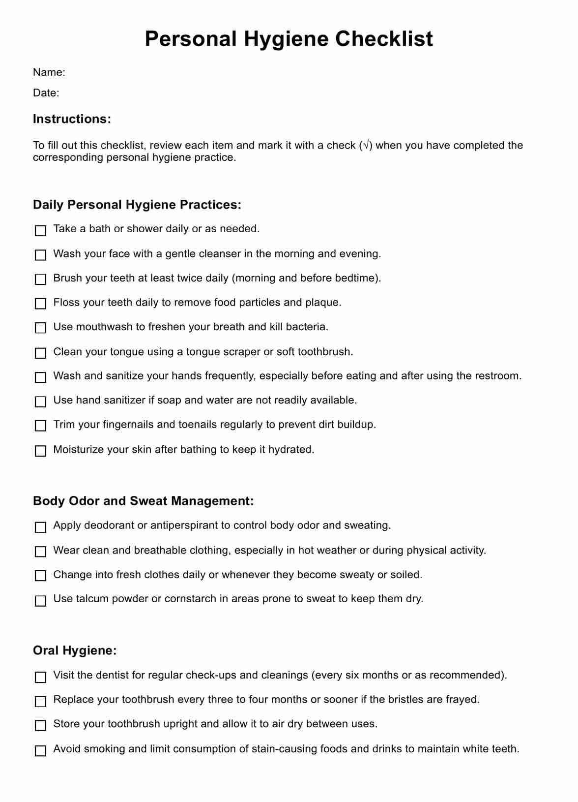 Personal Hygiene Checklist PDF Example