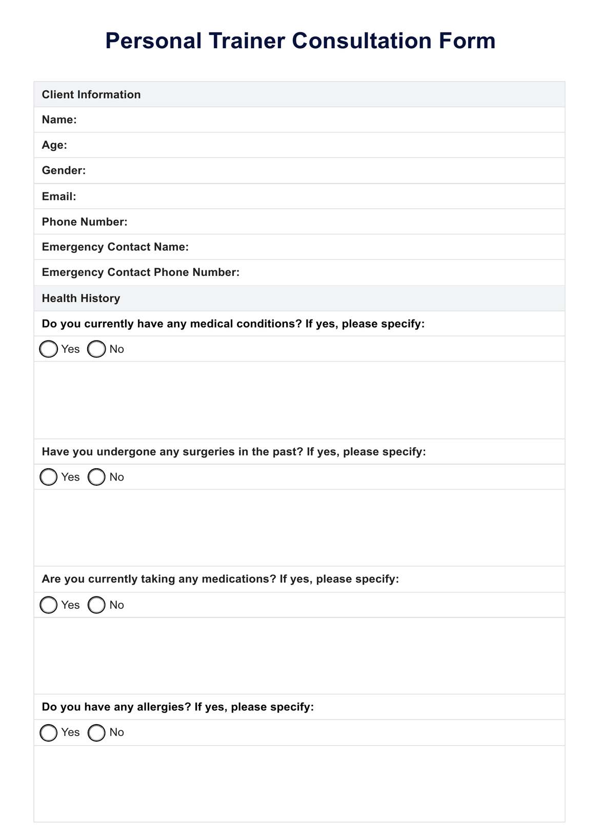Personal Trainer Consultation Form PDF Example
