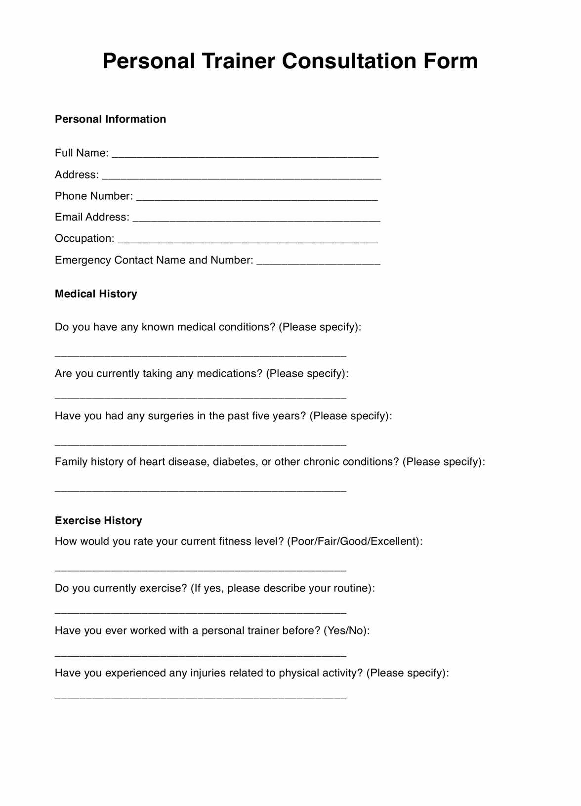 Personal Trainer Consultation Forms PDF Example
