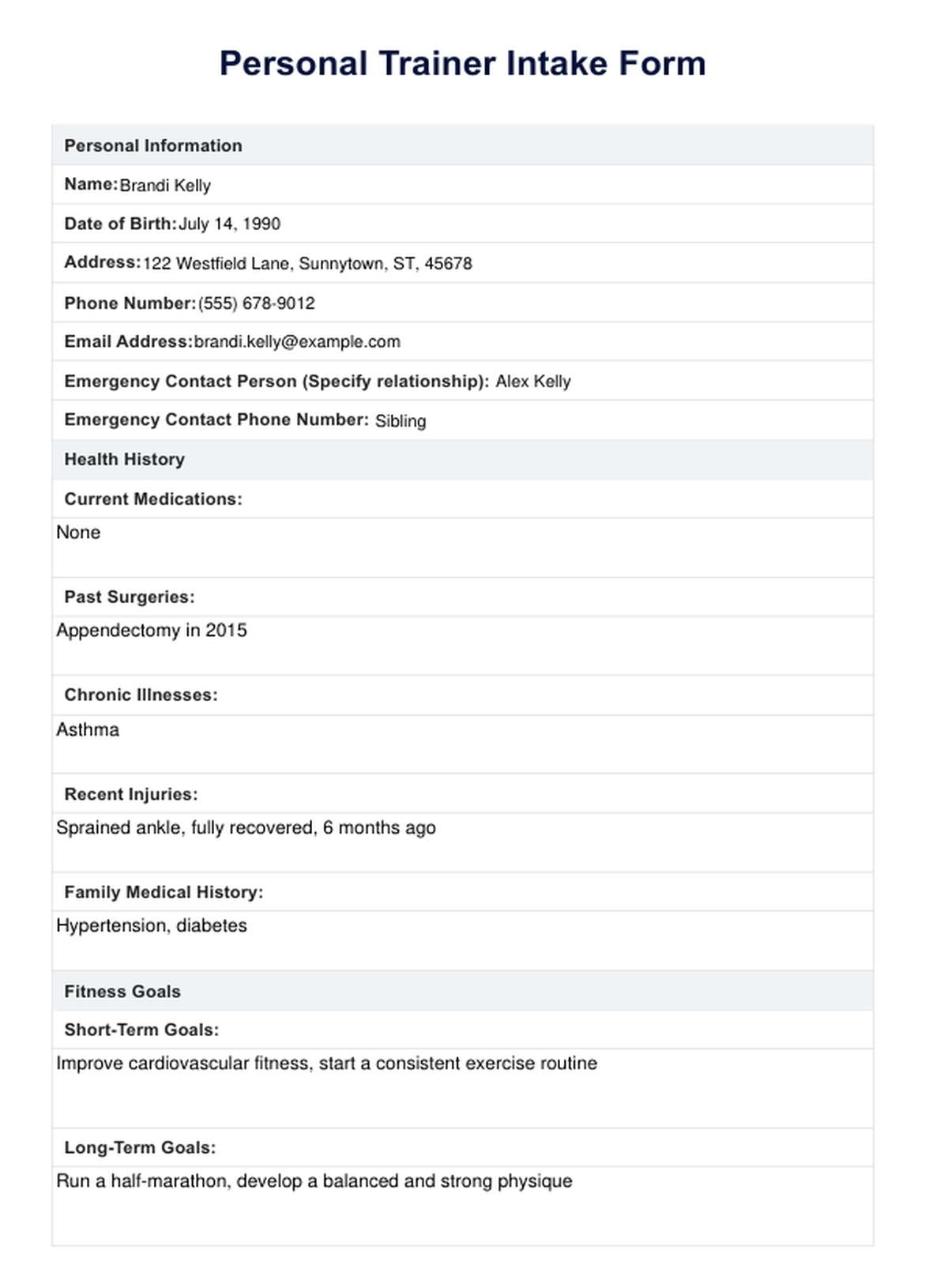 Personal Trainer Intake Form PDF Example