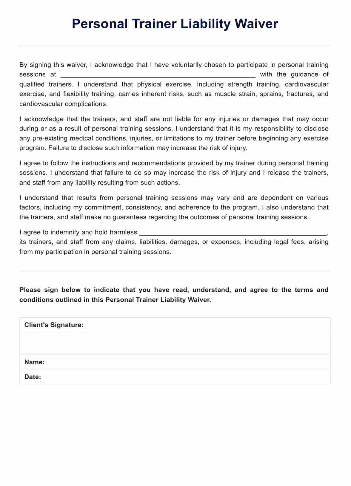 Personal Trainer Liability Waiver Form PDF Example