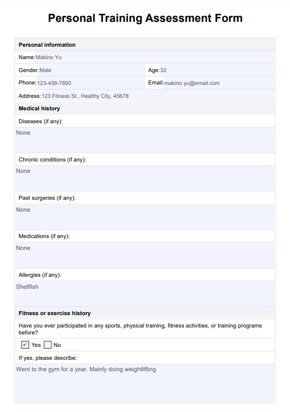 Formulario de evaluación para personal training PDF Example