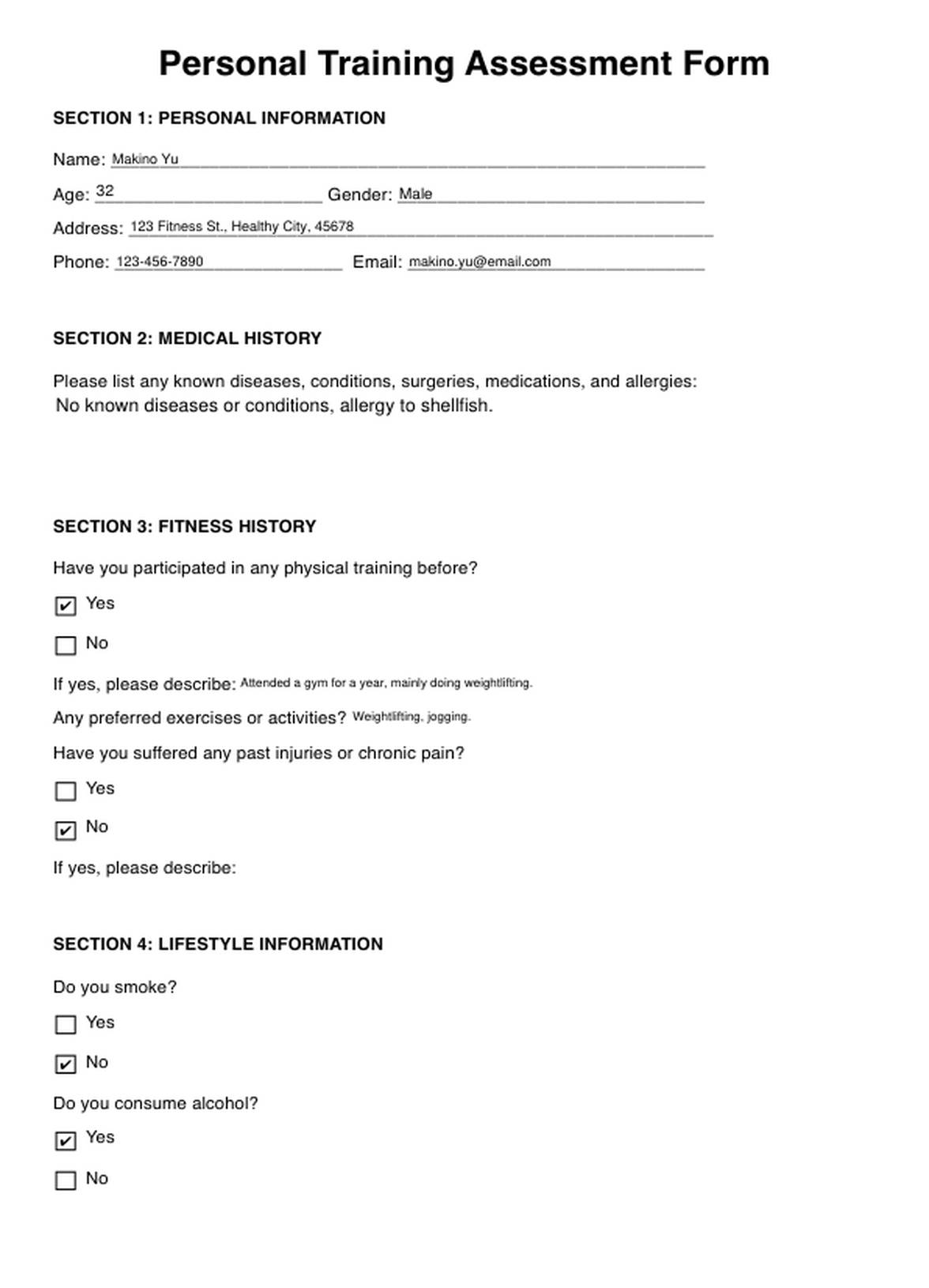 Personal Training Assessment Forms PDF Example