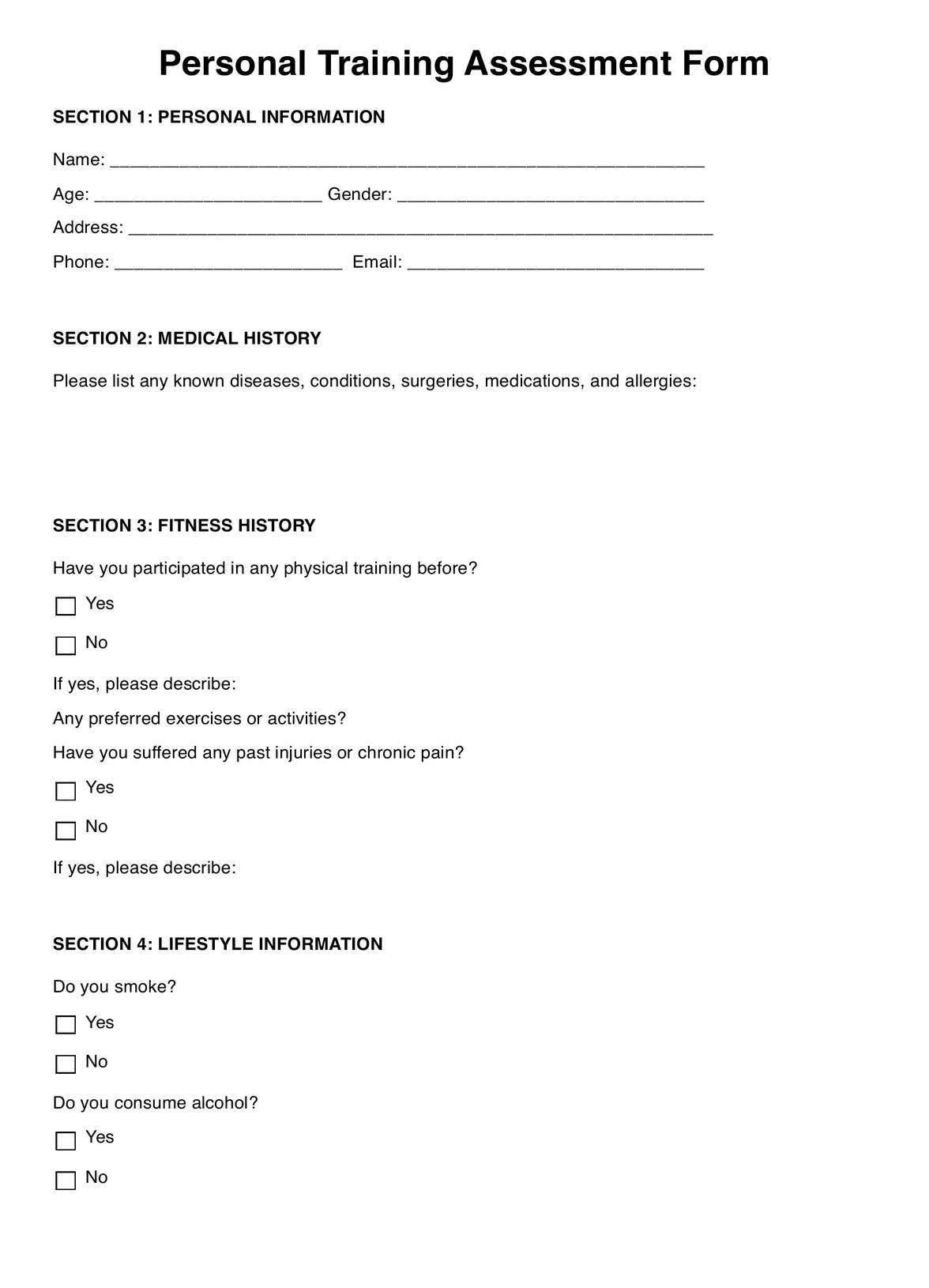 Personal Training Assessment Forms PDF Example