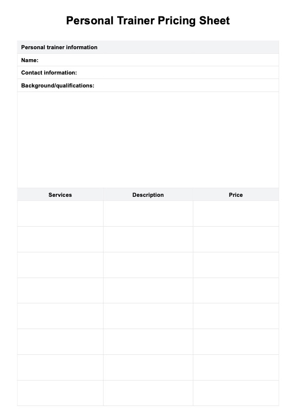 Personal Trainer Pricing Sheet PDF Example