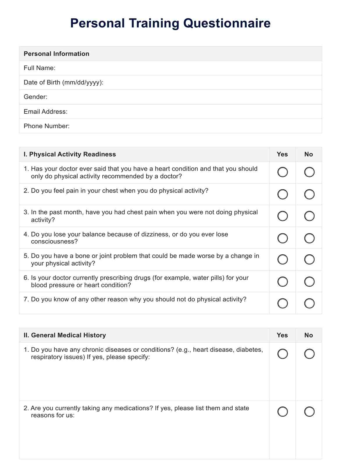 Personal Training Questionnaire PDF Example