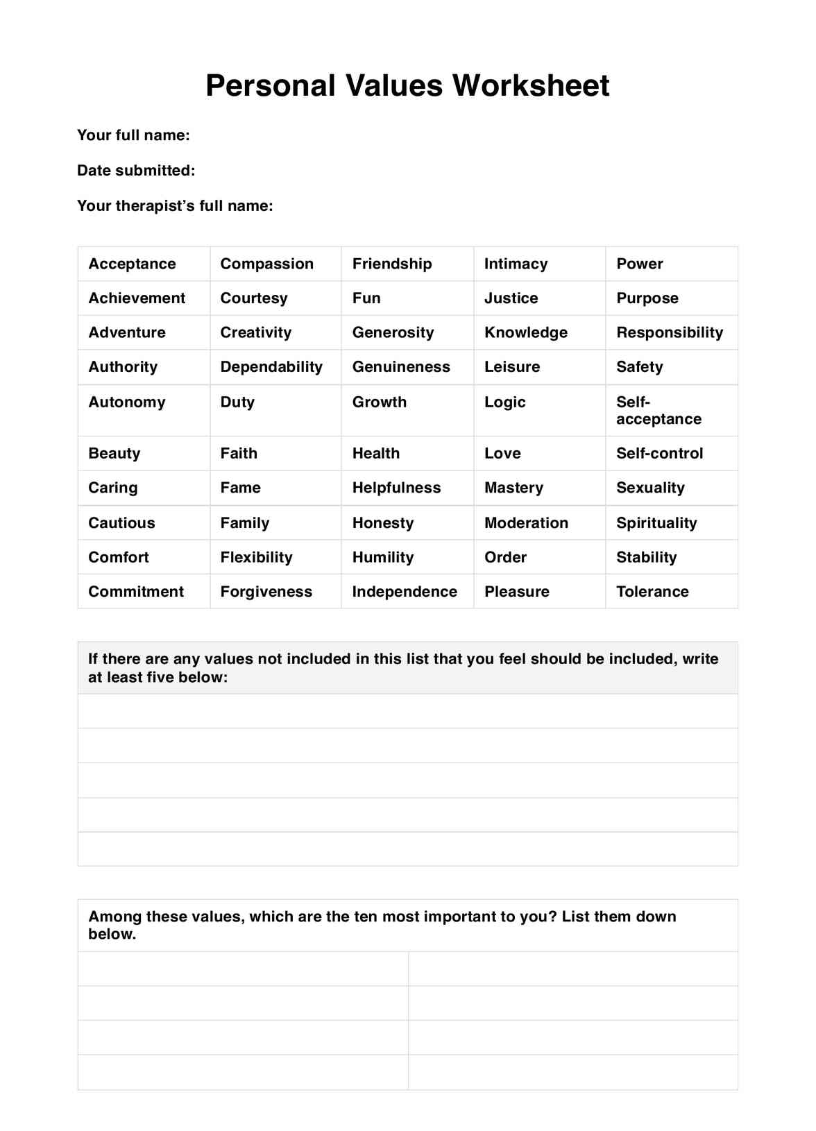Personal Values Worksheet PDF Example