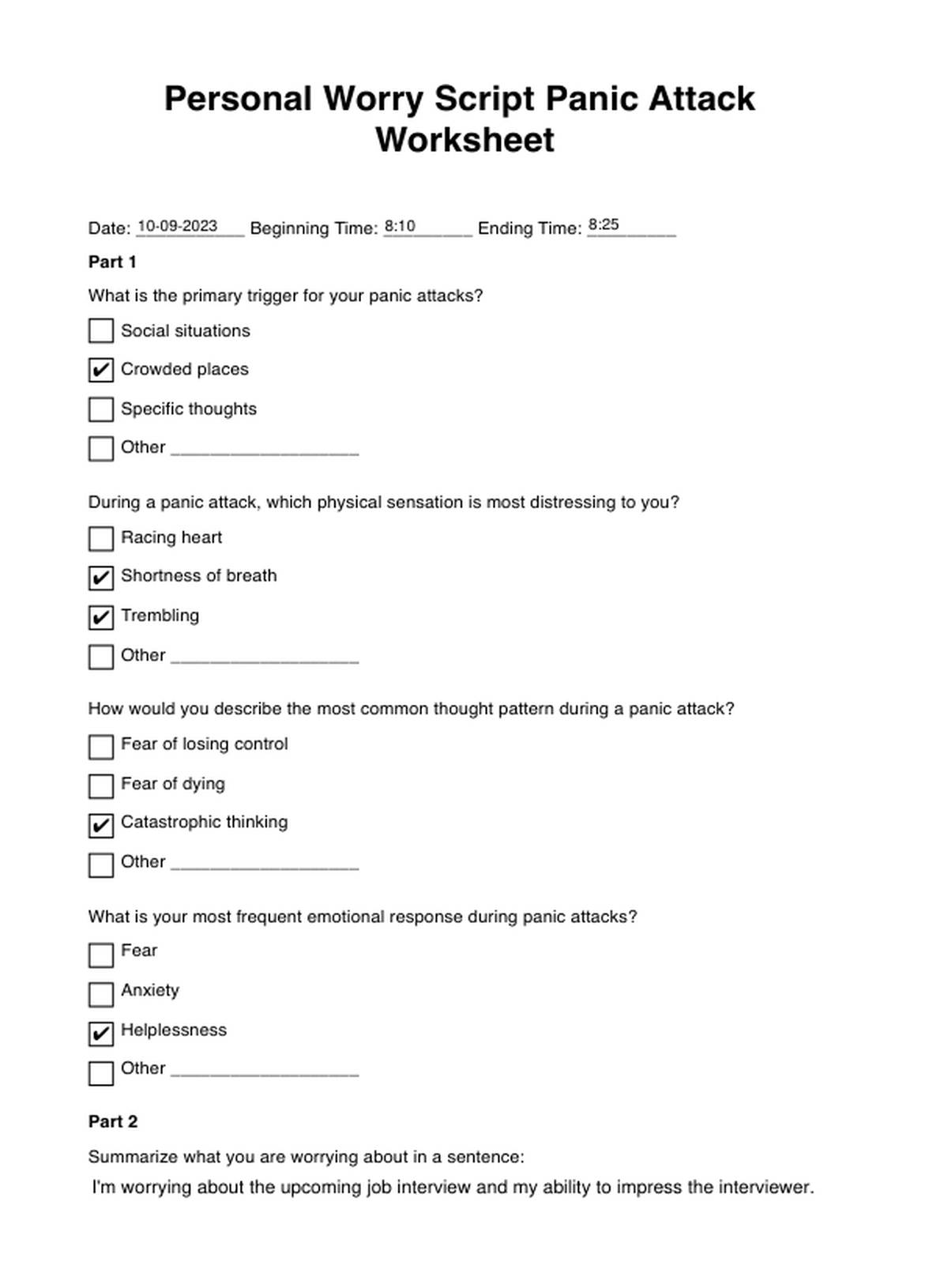 Personal Worry Script Panic Attack Worksheet PDF Example